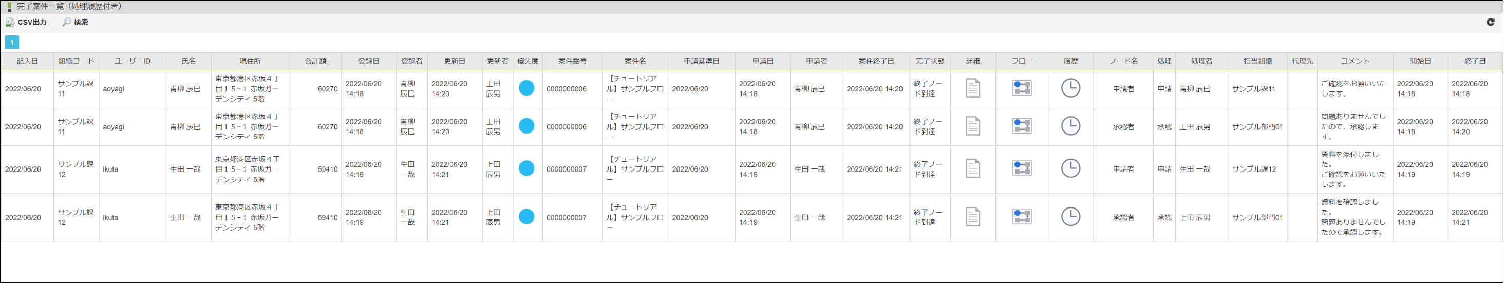 「完了案件一覧（処理履歴付き）」